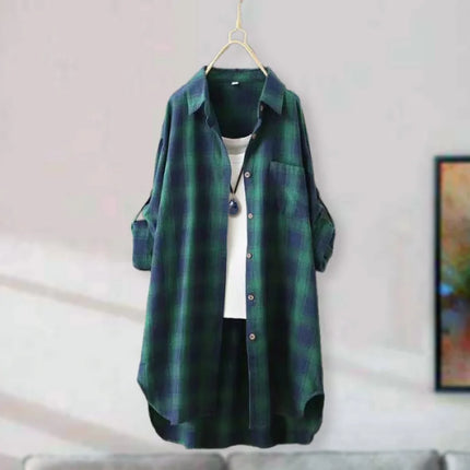 Long-sleeved shirt jacket for women retro large size loose butt-covering long cotton and linen top with plaid shirt
