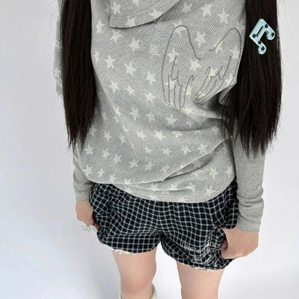 Harajuku Grunge Star Print Hoodie Women Casual Loose Angel Embroidery Hoody Y2k Aesthetic Batwing Sleeve Streetwear Sweatshirt