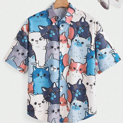 2026 New Fashionable Hawaiian Men's Cute Cat Printed Casual Harajuku Short Sleeved Shirt