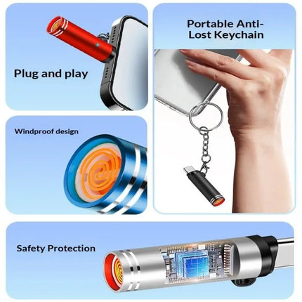 Type-C Safety Air Blowing Lighter Mini Flameless USB Rechargeable Windproof Portable for Camping Hiking Survival Emergency