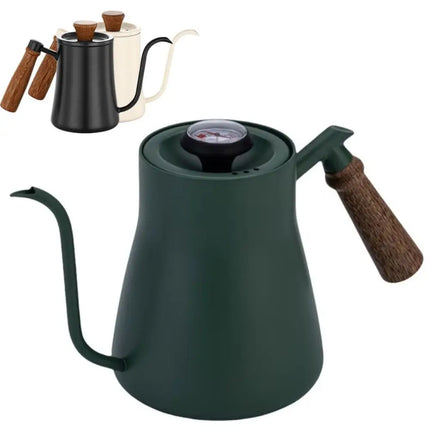 Stainless Steel Goose Neck Coffee Pot Drip Port Wooden Handle Long Narrow Drip Carafe Temperature Meter Anti-scald