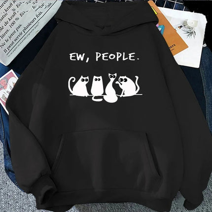 American Vintage 2025 Autumn Winter Woman Hoodies EW PEOPLE Letter Print Top Funny Harajuku Cartoon Black Cat Pattern Clothing