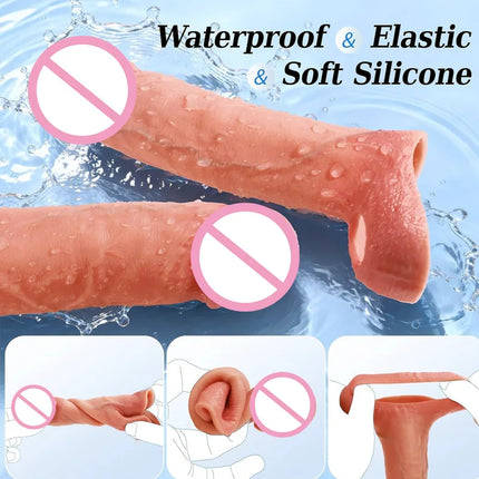 Reusable Realistic Soft Penis Silicone Condom Enlargement Cock Sleeve Extender Dildo Ring to Lock the Sperm Adult Men Sex Toys