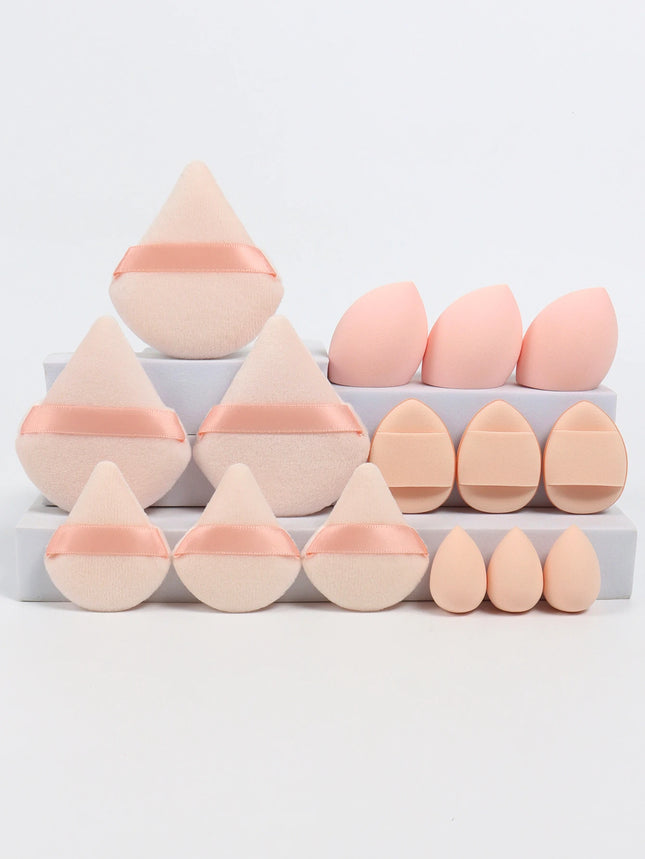 Multi-Effect 15-Piece Set: 3 Loose Powder Puffs, 3 Mini Loose Powder Puffs, 3 Medium-Sized Beauty Blenders, 3 Mini Beauty Blenders, and 3 Cushion Puffs. Founda