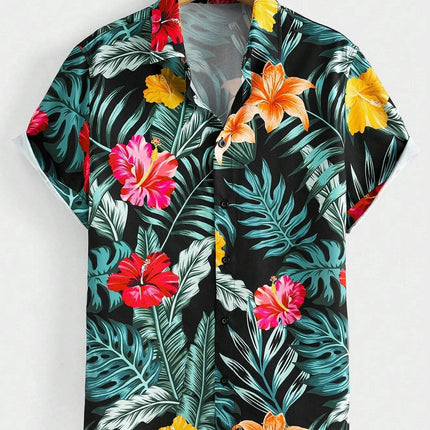 Hawaiian Botanical Flower Print Men's and Women's Short Sleeve Lapel Seaside Button-Down Shirt Top Casual Fashionable Shirts