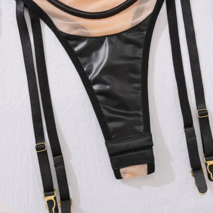 Sexy Mesh Garter Belt Lingerie Set Women See Through with PU Leather Push Up Bra Stocking Erotic Costumes Sexi Outfits