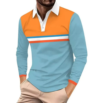 3D Printed Polo Shirt with Contrasting Colors, Simple and Fashionable Collar, Men's Top, Street Sports Long Sleeved Shirt