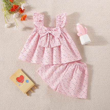 Two Piece Set Baby Girl Suit Summer Bowknot Full Printed Love Girls Beach Set Cute Top Shorts Girls Two Piece Set