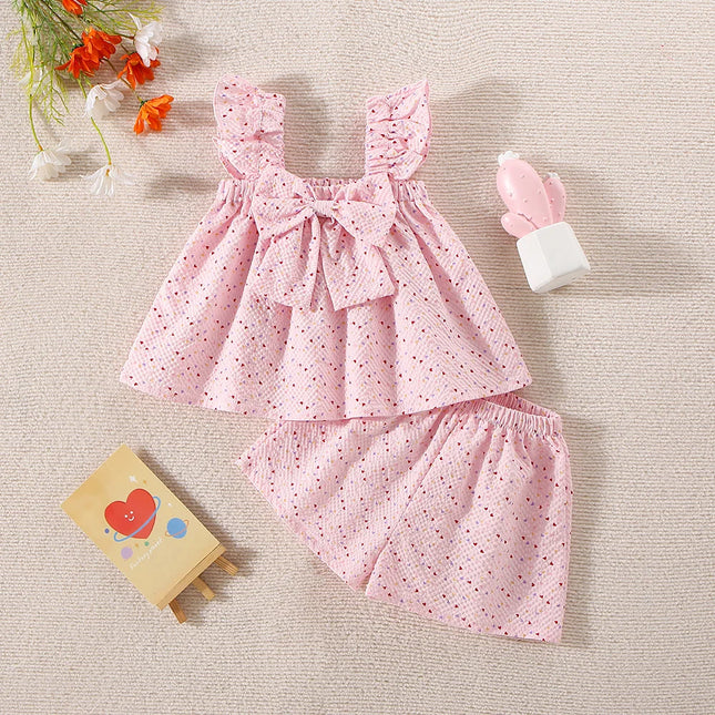 Two Piece Set Baby Girl Suit Summer Bowknot Full Printed Love Girls Beach Set Cute Top Shorts Girls Two Piece Set