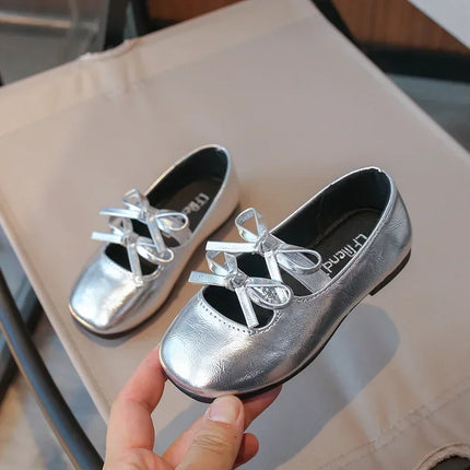 Kids Dance Performance Shoes Square Black Solid Color Girls Princess Shoe with Double Bow 2024 New Girls Leather Shoes Soft Sole