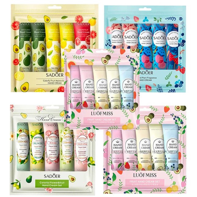5Pcs/set SADOER Fruit Plant Fragrance Hand Cream Sets Moisturizing Repair Anti Dry Hand Lotion Sets Hands Skin Care Products