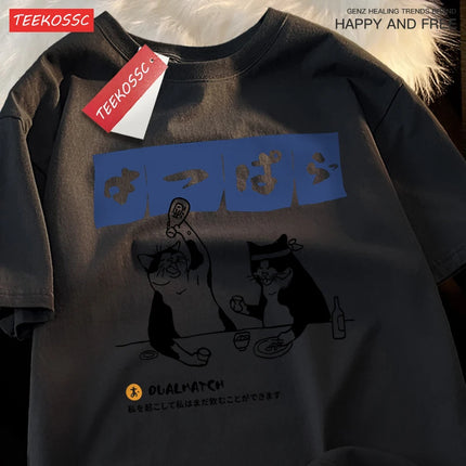 Harajuku Japanese Cat Drinking Tops Men's Fashion O-Neck T-Shirt Street Summer Oversized Clothing Hip Hop Sweat Cotton T-shirts