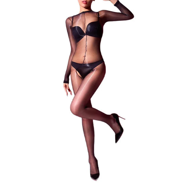 Women's Sexy Jumpsuit Socks: Oil Glossy, Transparent, Open Crotch Stockings - Ultra Elastic, Ultra-Thin Pantyhose, See-Through Underwear