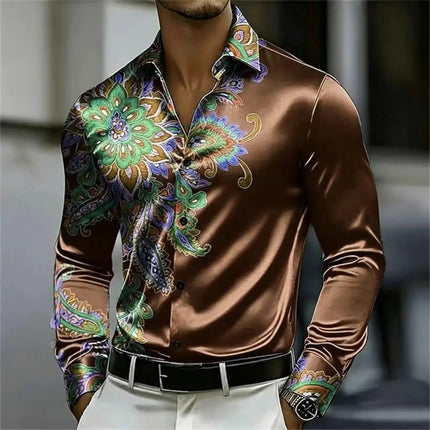 Men's Satin Paisley Printed Shirt Luxury Glossy Long Sleeve Casual Button Down Dress Shirts Nightclub Party Wear