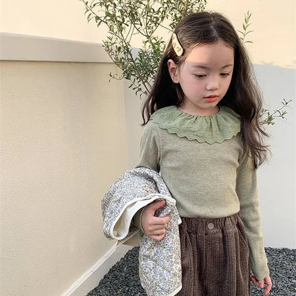 1-12 Years Long-Sleeved Shirts Children's Spring Knitted Tops Baby's Lace 2025 Lace Base Shirt Korean Girls Ruffle Collar T-shirt