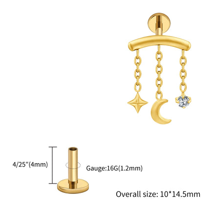 Right Grand ASTM F136 Titanium Hidden Helix Chain Earring 16G Dainty Star Moon CZ Dangle Cartilage Stud Piercing Jewelry
