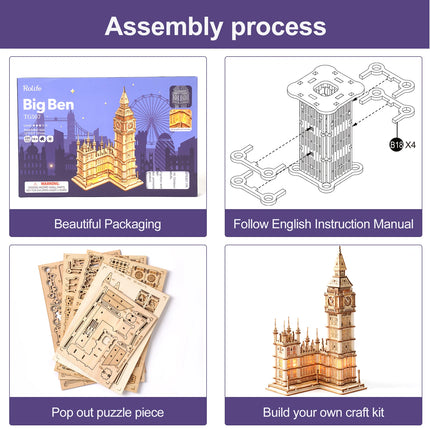 Rolife DIY Wooden 3D Puzzle Big Ben Model Building Kit Brain Teaser Puzzle Toy with LED Light for Home Decor Gifts for Adult Kid