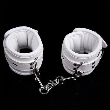 PU Leather Soft Padded White Handcuffs Ankle Cuffs Wrist Bondage Restraints Neck Collar BDSM Bondage Slave Erotic Adult Sex Toys