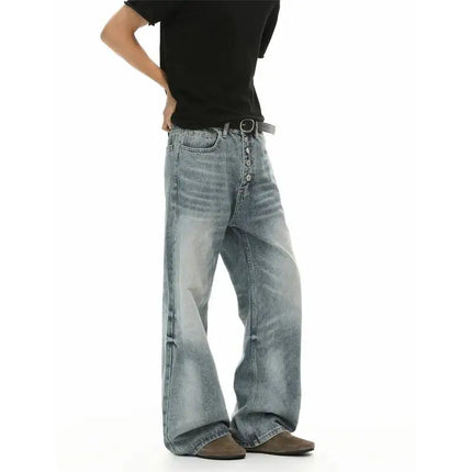 Men's Washed Distressed CatEye Pattern Five Button Jeans Straight Loose Casual Washed Wide Leg Denim Long Pants