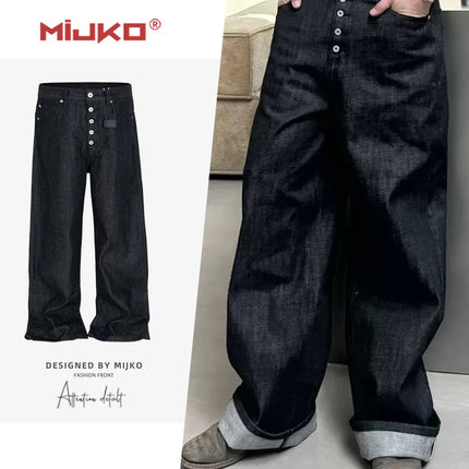 MIJKO High Street Cleanfit Drak Blue Jeans for Men and Women Straight Vintage Casual Denim Trousers ZJ089