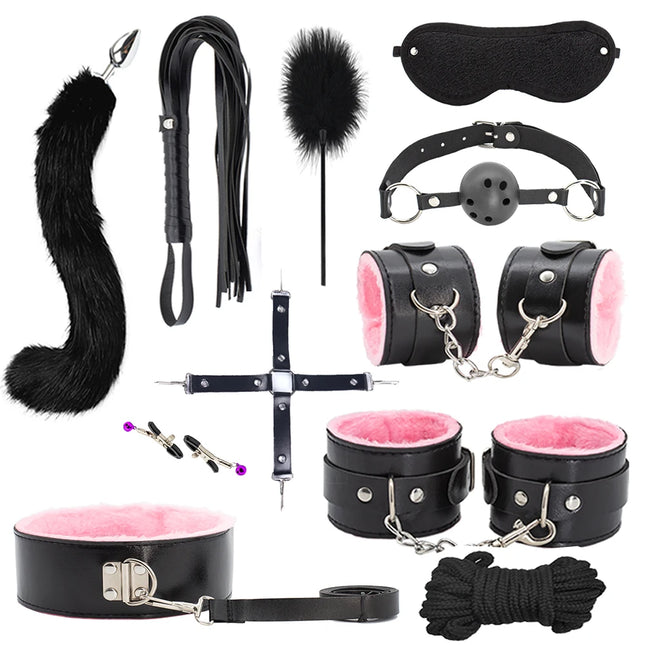 BDSM Kits Adults Sex Toys For Women Men Handcuffs Nipple Clamps Whip Spanking Sex Metal Anal Plug Vibrator Butt Bdsm Bondage Set