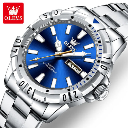 OLEVS Men's Watches Luxury Diving Series Stainless Steel Waterproof Luminous Dual Calendar Fashion Quartz Wristwatch for Men