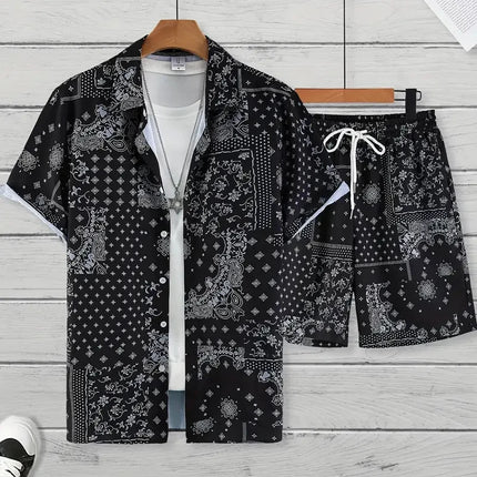 2024 New Men's Summer Holiday Suit Retro Textured Printed Border Shirt Short Sleeve Shorts Two Piece Men's Breathable Pool Suit