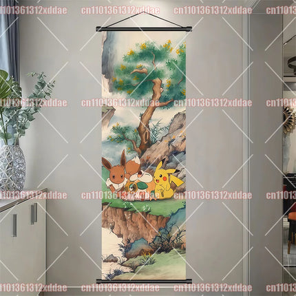 Classic Anime Pokémon Retro Scroll Painting Poliwhirl Pikachu Eevee Charizard Dragonite Squirtle Bulbasaur Creative Poster Gift