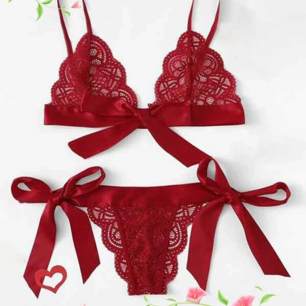 Sexy Lace Split-cut Lace Bikini Fashion Strapping Three-point Bowknot Bralette Lingerie Underwear Women Set See Through Bra