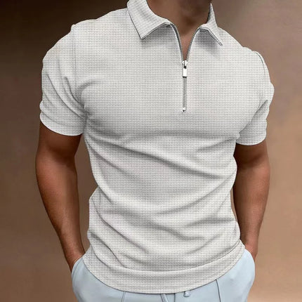 Spring/Summer Waffle Zipper Polo Shirt Checkered Color Blocked Men's T-shirt Top