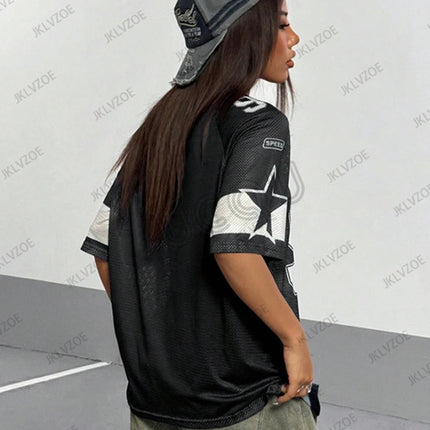 Summer New Black Speed 91 Print T-Shirt For Women V-Neck Patchwork Short Sleeve Sports Football Jersey Y2K Loose Oversized Tops