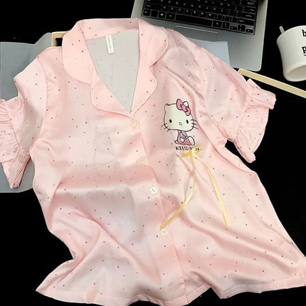 Kawaii Hello Kitty Pajamas Set Sanrio Anime Summer Women Pink polka dots Sleepwear Shorts Cartoon Soft Comfortable Home Clothing