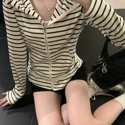 2000S American Vintage Striped Long Sleeve Hooded Sweatshirt Y2k Subculture Casual Zip Up Hooded Cardigan Harajuku Coats Chic