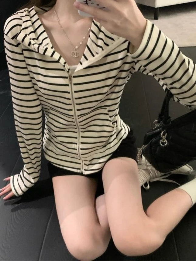 2000S American Vintage Striped Long Sleeve Hooded Sweatshirt Y2k Subculture Casual Zip Up Hooded Cardigan Harajuku Coats Chic