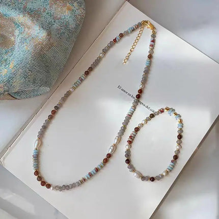 Retro Handmade Woven Natural Stone Beadeds Chain Pearl Pendant Necklace Bracelet Accessories for Women Fashion Jewelry Set Gifts