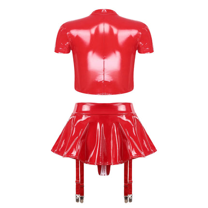 Womens Wet Look PU Leather Lingerie Set Push-up Underwire Cutout Short Sleeve Crop Top with Built-in Thongs Miniskirt Clubwear