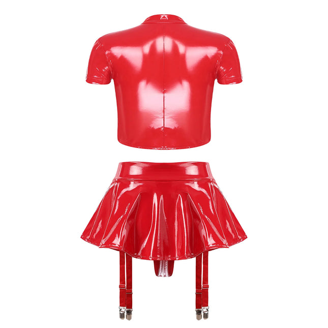 Women's Wet Look PU Leather Lingerie Set Push-up Underwire Cutout Short Sleeve Crop Top with Built-in Thongs Miniskirt Clubwear