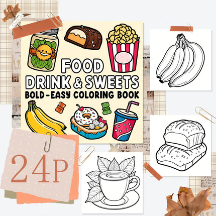 FOOD DRINK & SWEETS BOLD-EASY Coloring Book 24page Perfect Gift for Adults Picture Book  for Valentine's, Christmas, Halloween