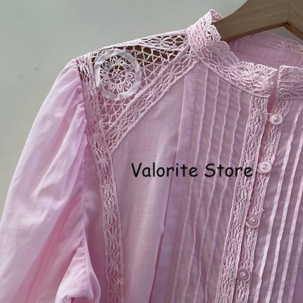 2025 Woman Pink Lace Embroidered Shirt Stand Collar Long Sleeved Hollow Out Buttons Up Matching Layered Shorts Skirts 2pcs set