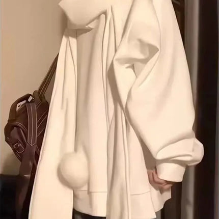 Long Rabbit Ear Hooded Sweatshirt for Women Chic Oversized Zip Up Hoodie Loose Lazy Style Jackets Kawaii Clothes Y2k Hoodies New