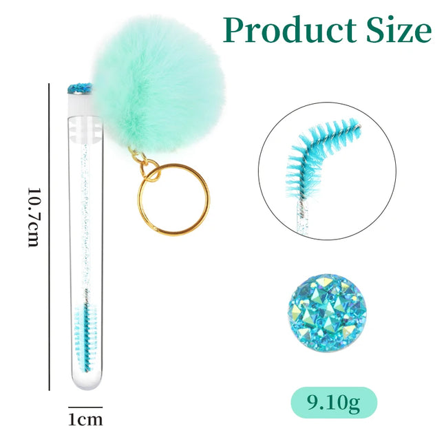 5pcs Gold Keychain Tube Eyelash Brush Eyebrow Comb Microbrush Lash Extension Micro Brushes Makeup Tool Fluffy Fur Ball Decorate