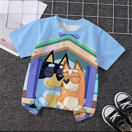 Unisex Bluey Toddler 3D T-Shirt Summer Cool Breathable Short Sleeve Cartoon Print Lightweight Casual Tee for Boys and Girls