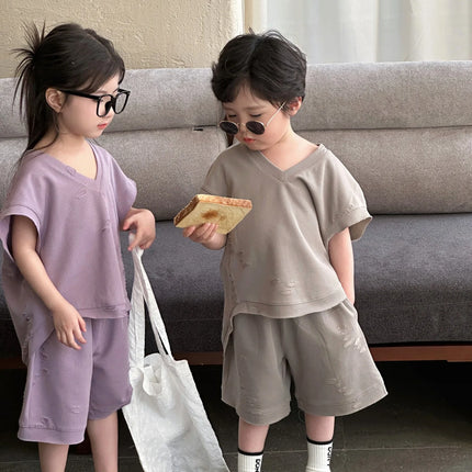 RAISE Summer Brother Sister Clothes Muslin Hollow V-collar Kids Boy Short Sleeve Top Suit Loose Solid Straight Shorts Tracksuits