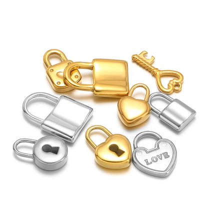 5pcs Gold Plated Stainless Steel Heart Lock Pendants Key Series Love Charms DIY Jewelry Making Necklace Bracelet Fittings Bulk
