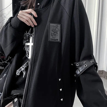Original Gothic Cross Printed Loose Hoodie Jacket New Spring Women's Subculture Cool Rivet Drapey Zipper Coat Outwear