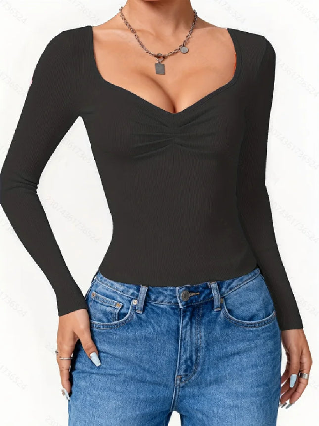 New Fashionable Casual Elegant Solid Color Long Sleeve Women's T-shirt Elegant Pure Color Long Sleeve Ladies' Top