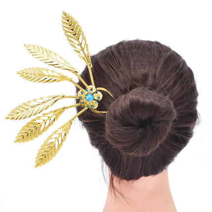 New Golden Alloy Leaf Crystal Flower Hairpin Hair Accessories for Women Thailand Ethnic Dance Party Decoration Headwear Jewelry