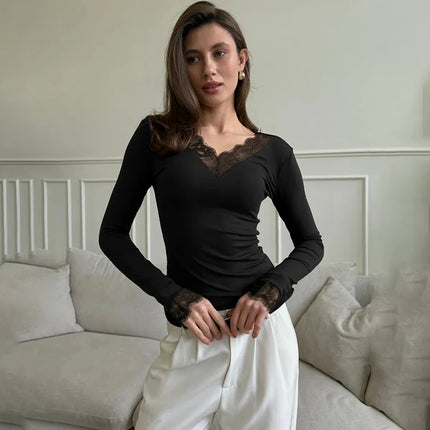 Tornova V neck Lace T shirt Top Women Sexy Navel Exposed Pullover Fashion Splice Hot Girl Club Party Top Autumn New Lady T shirt