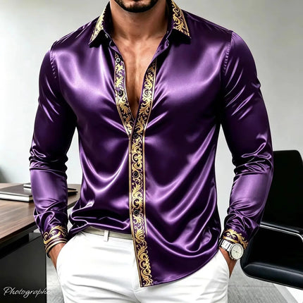 Men's Luxury Satin Silk Shirt Long Sleeve Gold Baroque Print Slim Fit Casual Business Party Dress Shirt Streetwear