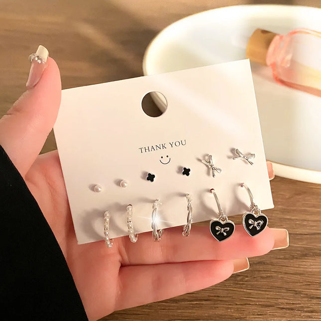 6pcs Set Korea Trend Oil-dripping Heart-shaped Butterfly Imitation Pearl Hoop Earrings Stud Earrings for Women Cute Jewelry Sets